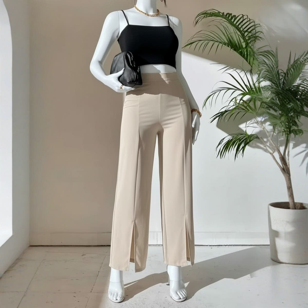 Elegant Cream White Wide Leg Pants, High-Waisted Slits, XXL