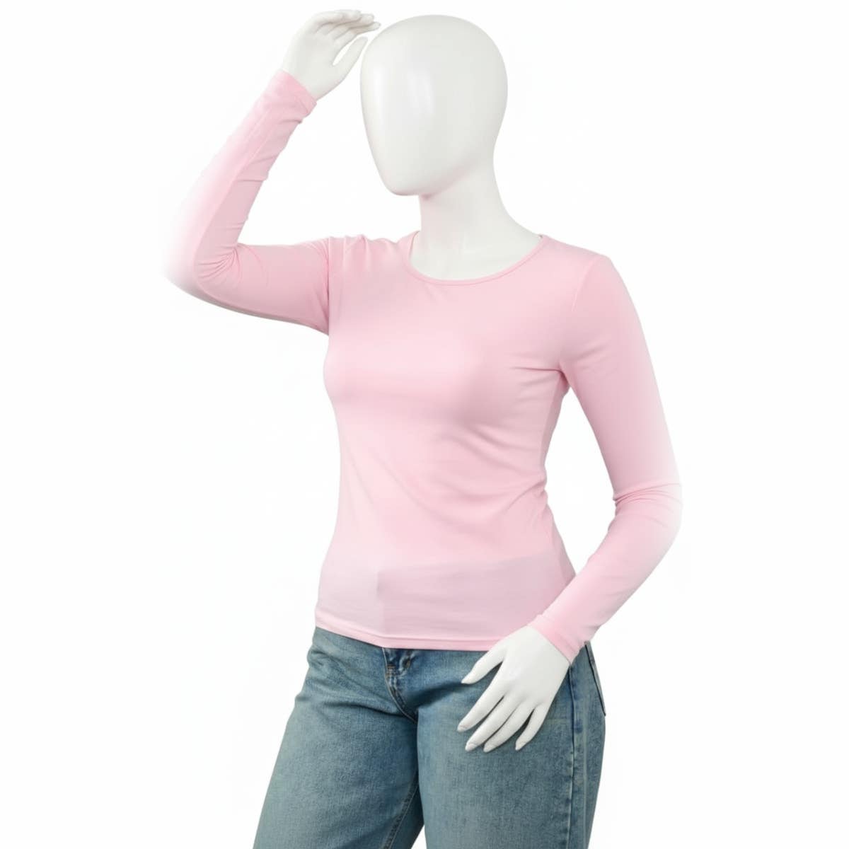 Pink Fitted Crew Neck Long Sleeve T-Shirt, Women's Casual Cotton Blend
