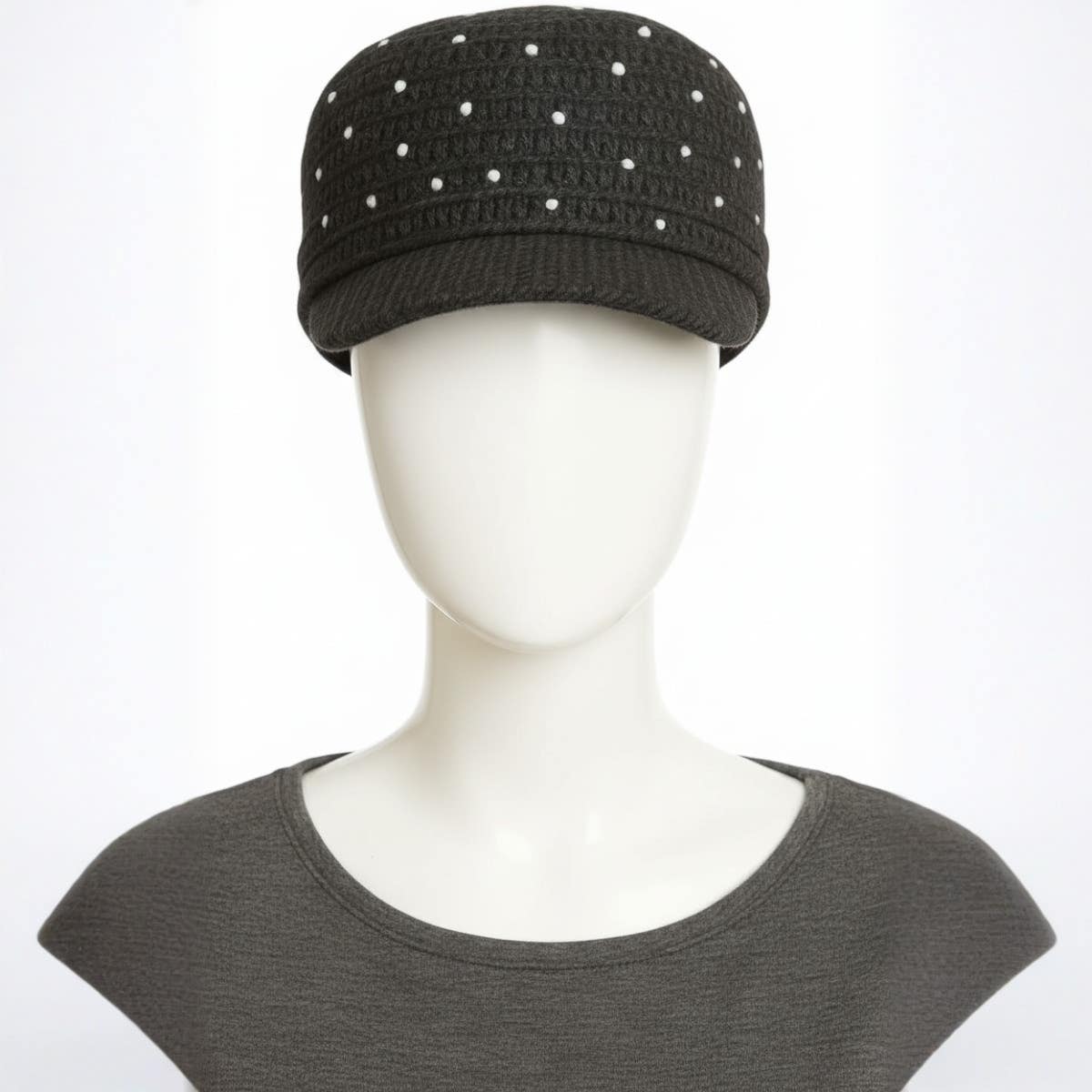 Knitted Cadet Cap with Polka Dot Pattern, Black and White, Military Style