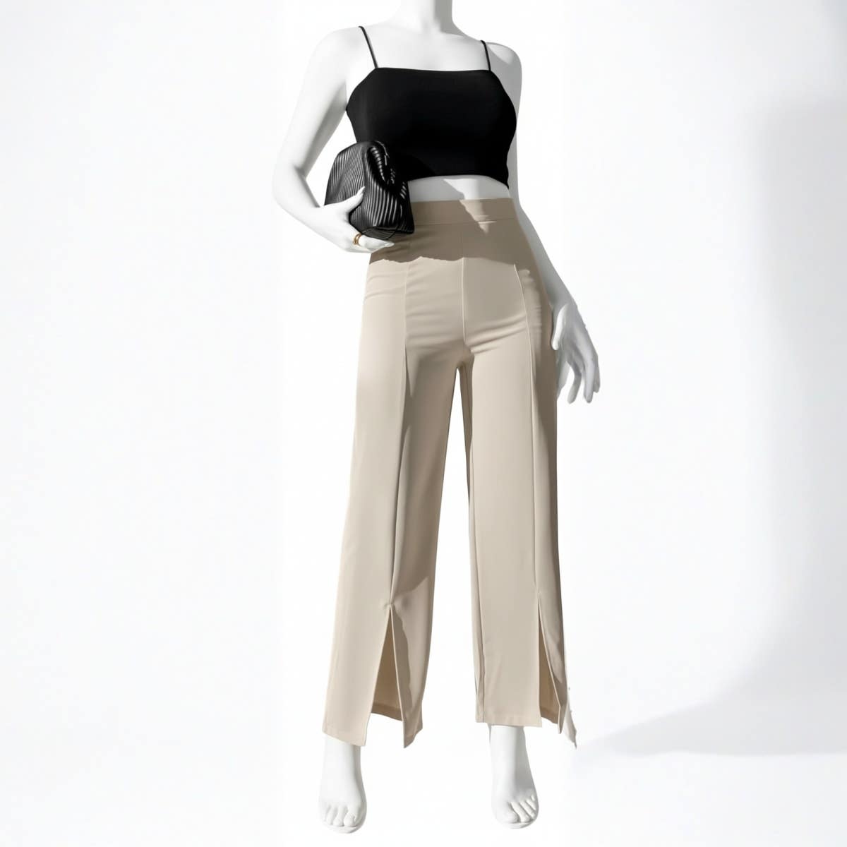 Cream White High-Waisted Wide Leg Pants with Front Slits, Size L