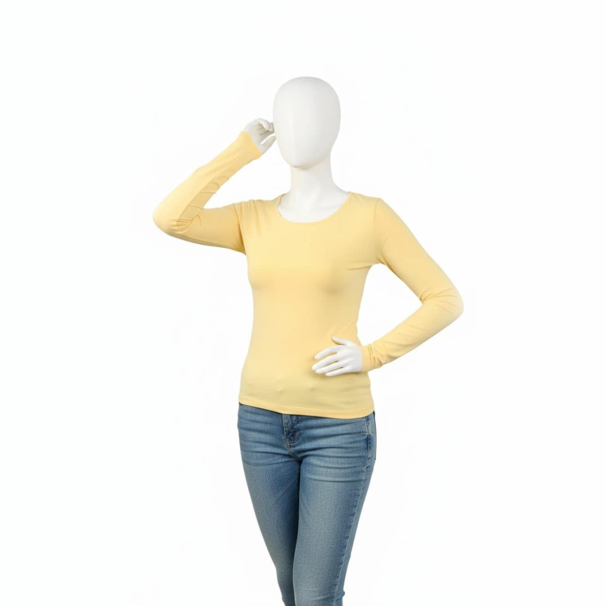 Pastel Yellow Double Layer Fitted Women's Long Sleeve T-Shirt - Scoop Neck