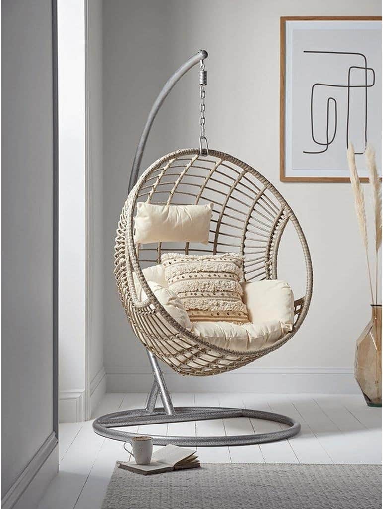 Hanging Egg Chair with Stand, Indoor Rattan Swing Chair, Cream Cushions and Macrame Pillows, Grey Metal Frame
