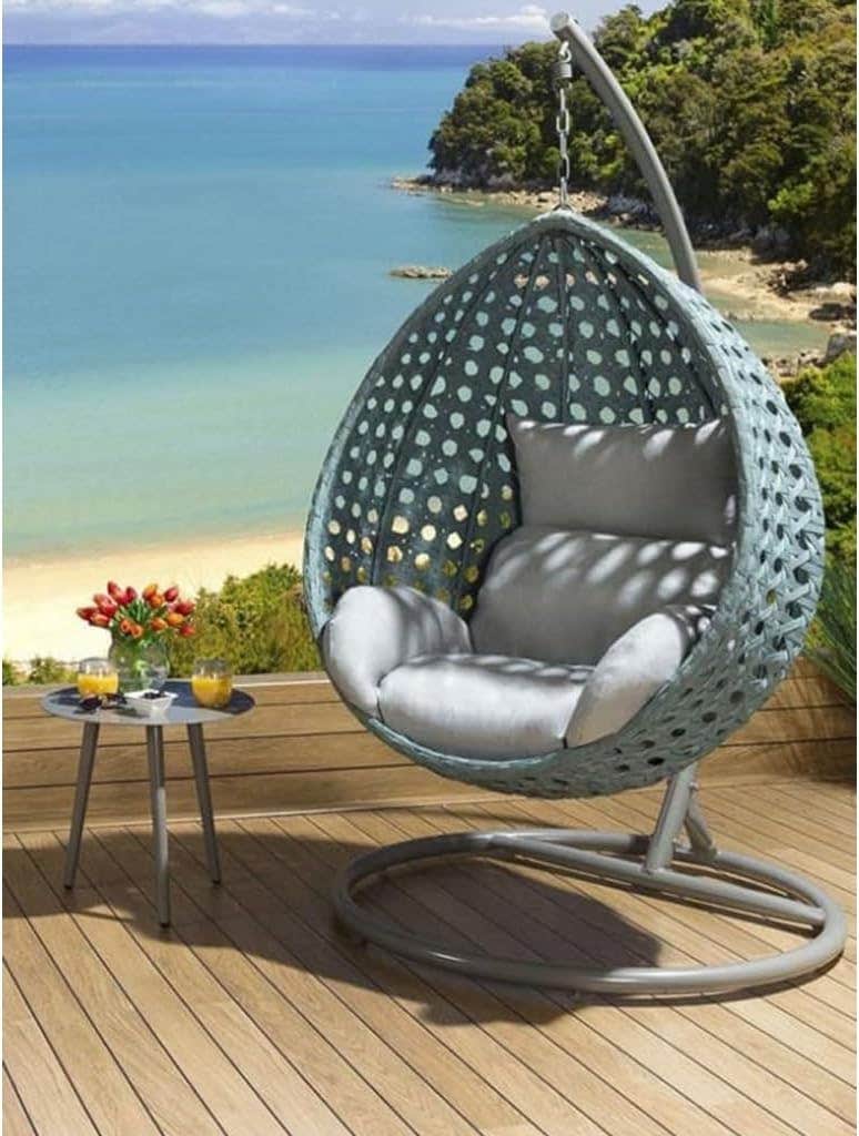 Outdoor Hanging Egg Chair, Woven Rattan with Grey Cushions, Patio Swing Chair with Stand