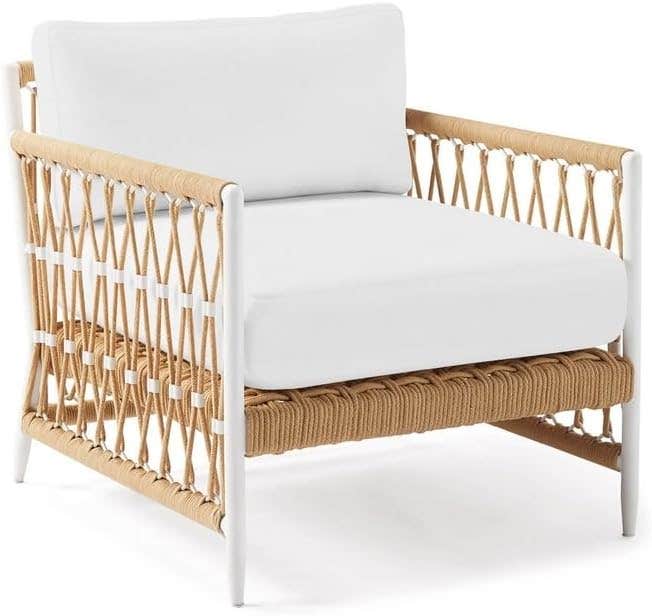 Modern Outdoor Lounge Chair, White Cushions, Natural Rope Weave, Metal Frame
