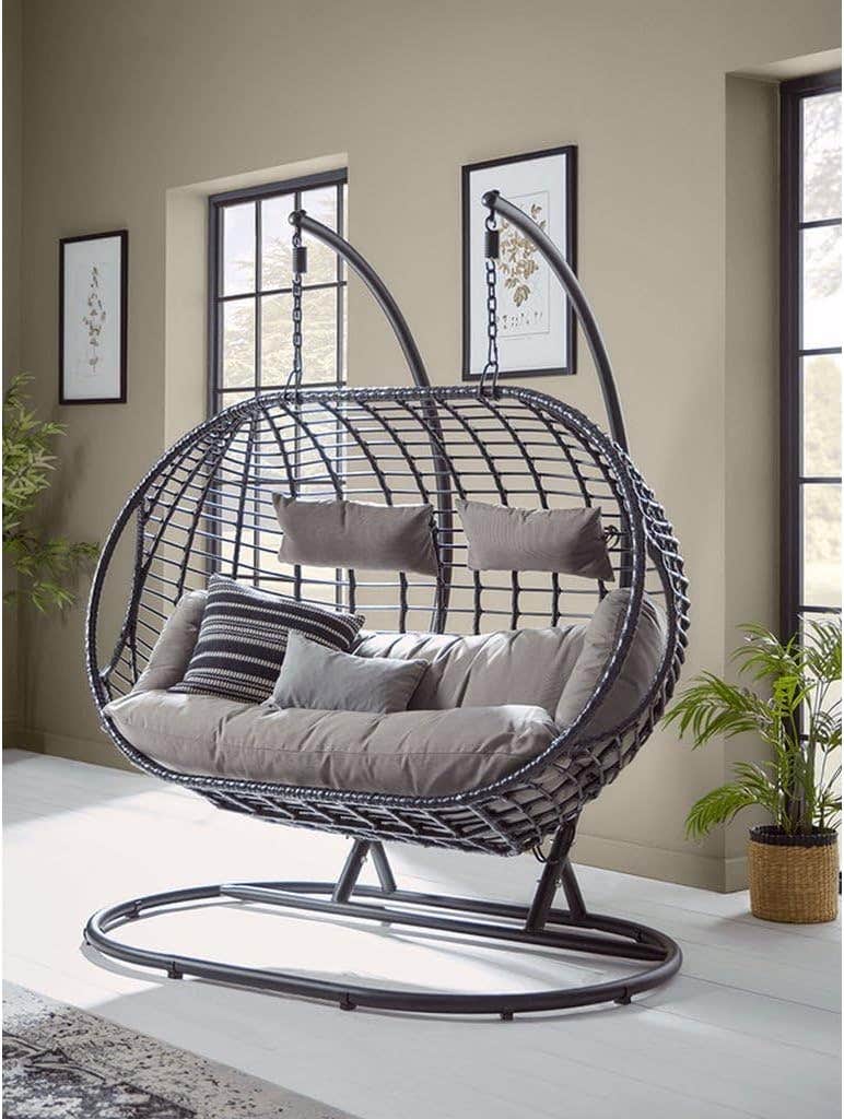 Double Hanging Egg Chair with Stand, Outdoor Patio Swing with Grey Cushions, Black Wicker