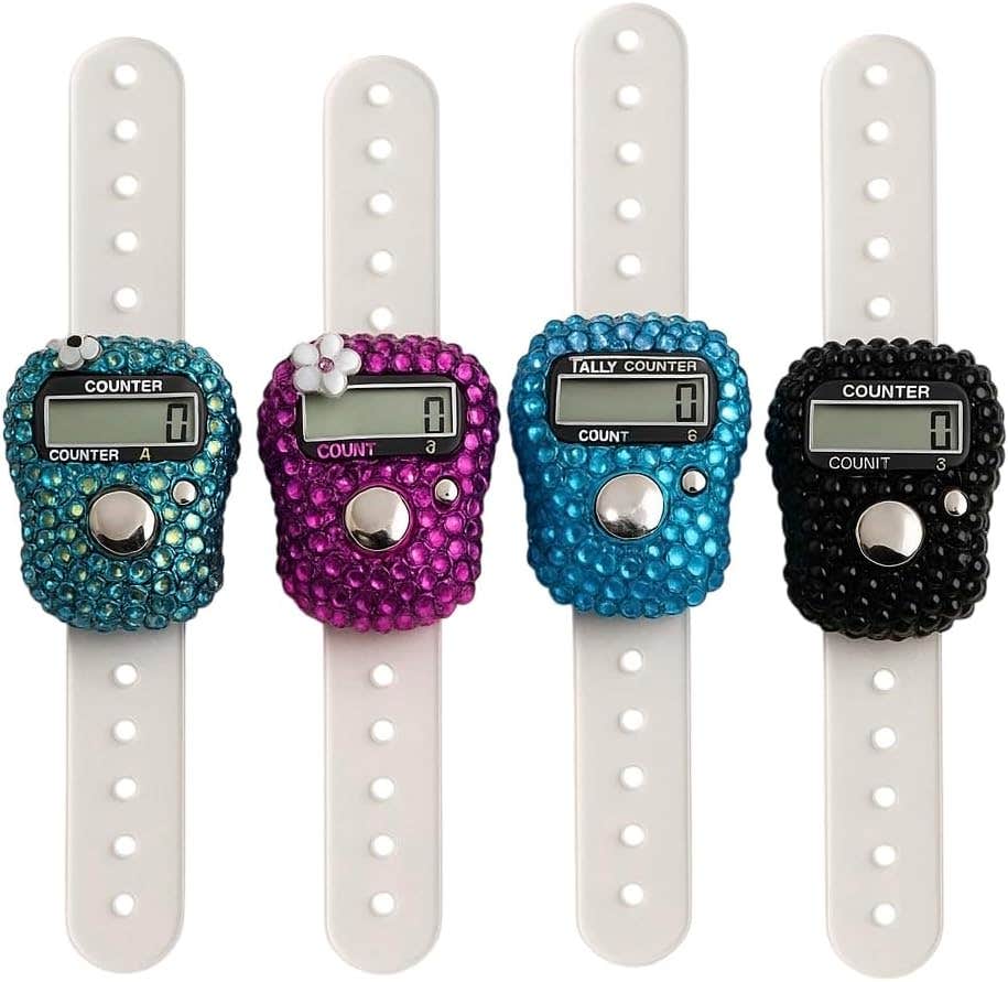 Digital Tally Counter Ring with Rhinestone Crystal Design - LCD Display - White Band - Prayer Tasbeeh Counter
