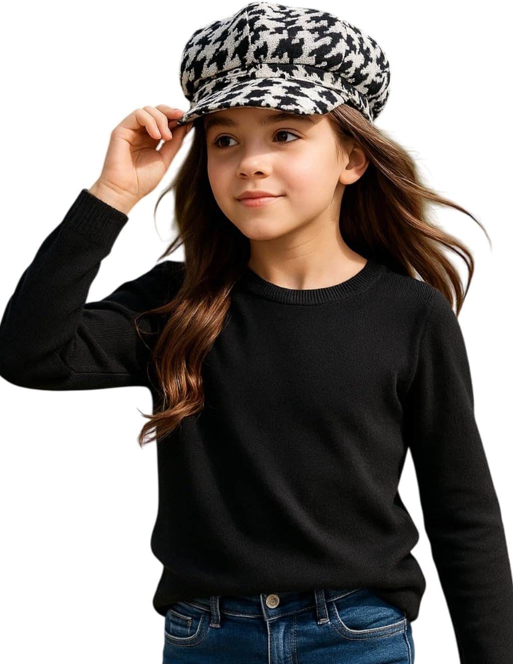 Classic Black and White Houndstooth Newsboy Cap - Autumn Winter Fashion