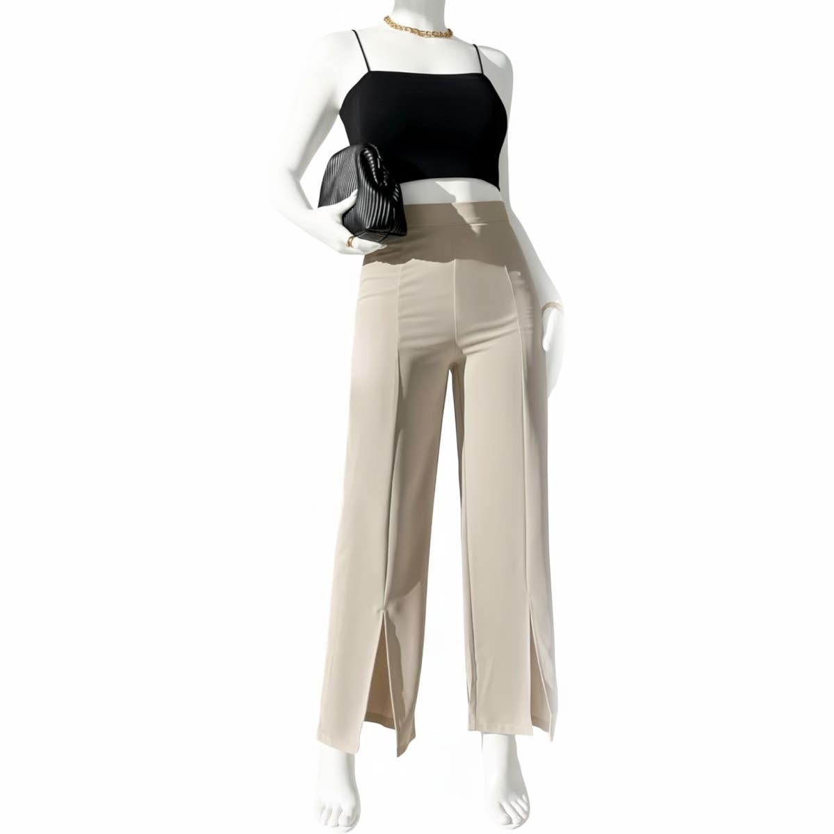 Women's High-Waisted Wide Leg Pants with Front Slits, Cream White, Ankle Length size M