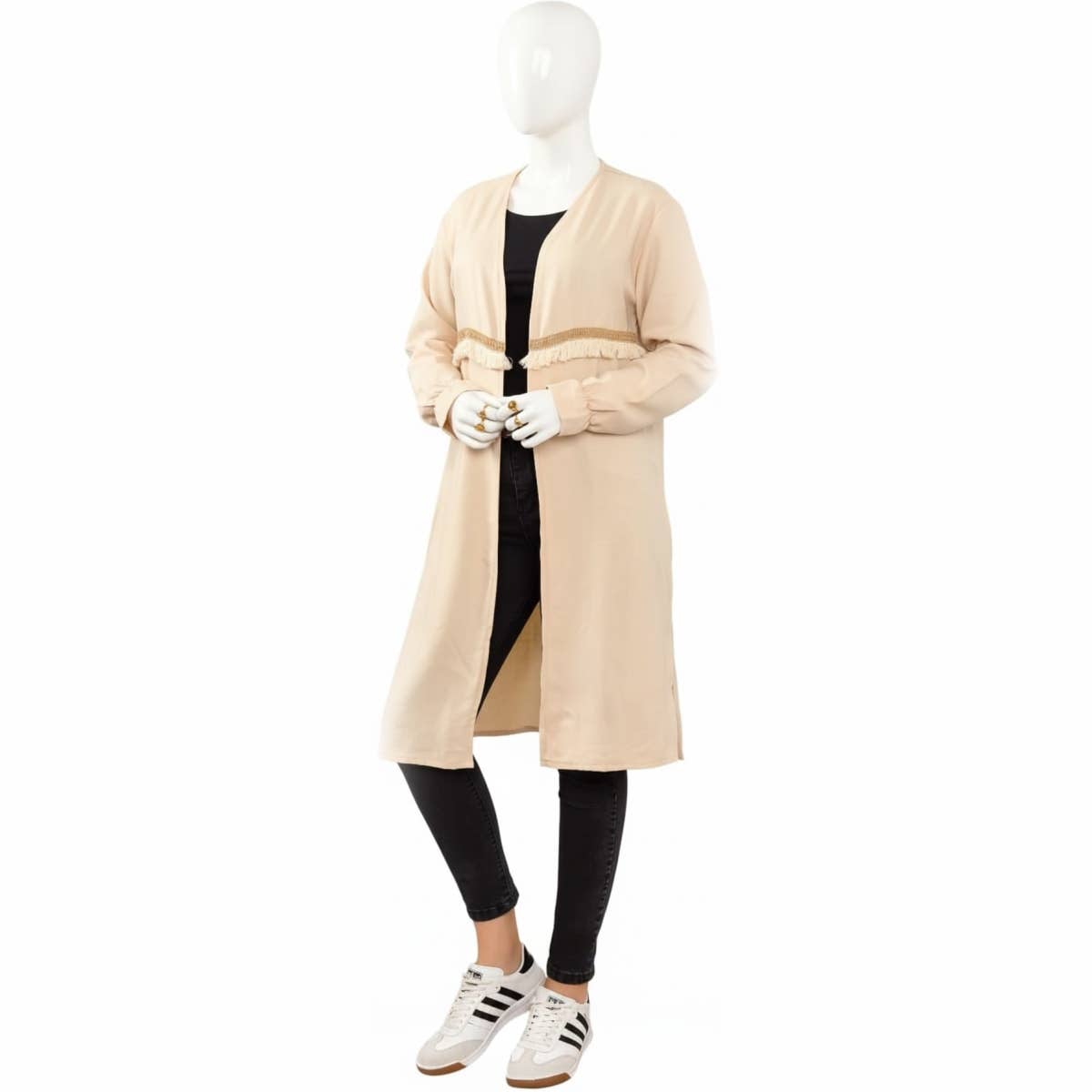 Elegant Beige Fringe Detail Duster Coat - Long Sleeve Open Front - Free Size (Up to 80kg)