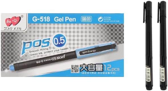 Deli Gel Pen, a120, 0.5 mm Tip Size, Black 2pcs & Pos G-518 Gel Pen 0.5m Set of 12 Pieces Of Blue Gel Pens - Blue