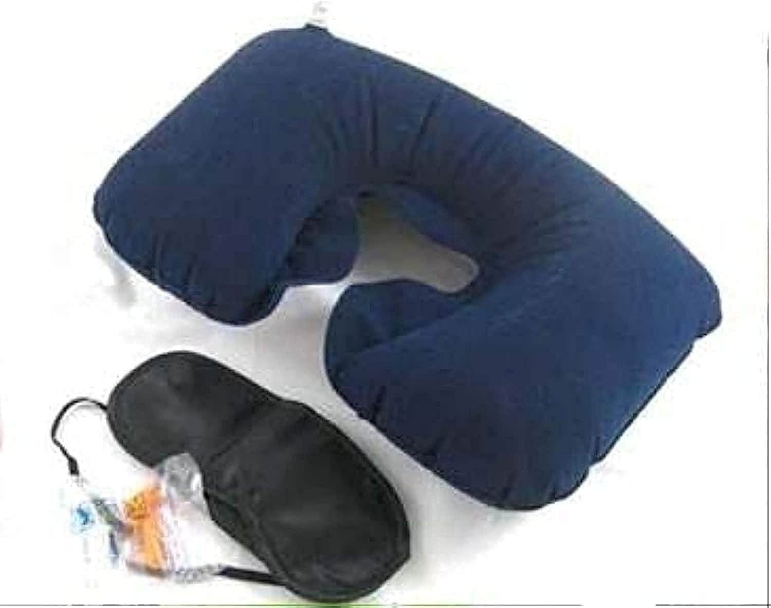 (indigo) 3 In1 Travel Set Inflatable Neck Air Cushion Pillow Eye Mask 2 Ear Plug Amenity Kit