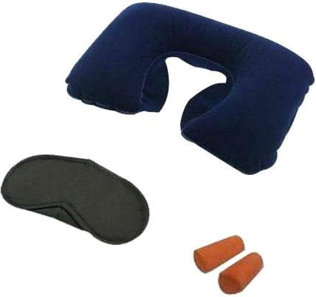 3 In1Comfortable Inflatable Neck Air Cushion Pillow Eye Mask 2 Ear Plug Amenity Kit Set