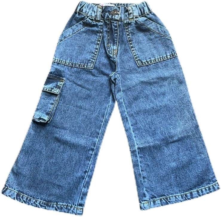 Unisex Kids Wide Leg Jeans Pants with Side Pockets, Blue