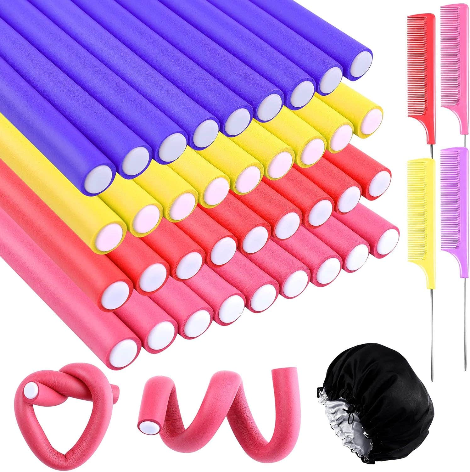 Elcoho 36 Pieces 9.45 x 0.63 Inch Inch Flexible Curling Rods Twist-flex Foam Hair Roller Hair Curlers Rollers Flexible Curling Iron, 4 Comb, 1 Satin Bonnet, 1 Cosmetic Bag (Purple, Pink, Red, Yellow)