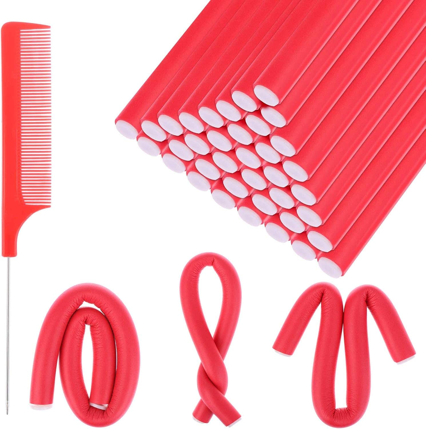 40 Pieces Curling Rods No Heat Hair Curlers for Long Hair,(9.4x0.4inch) Soft Foam Heatless Hair Rollers Rods with 1 Steel Pintail Comb for Women and Girls Homemade Curly Hair