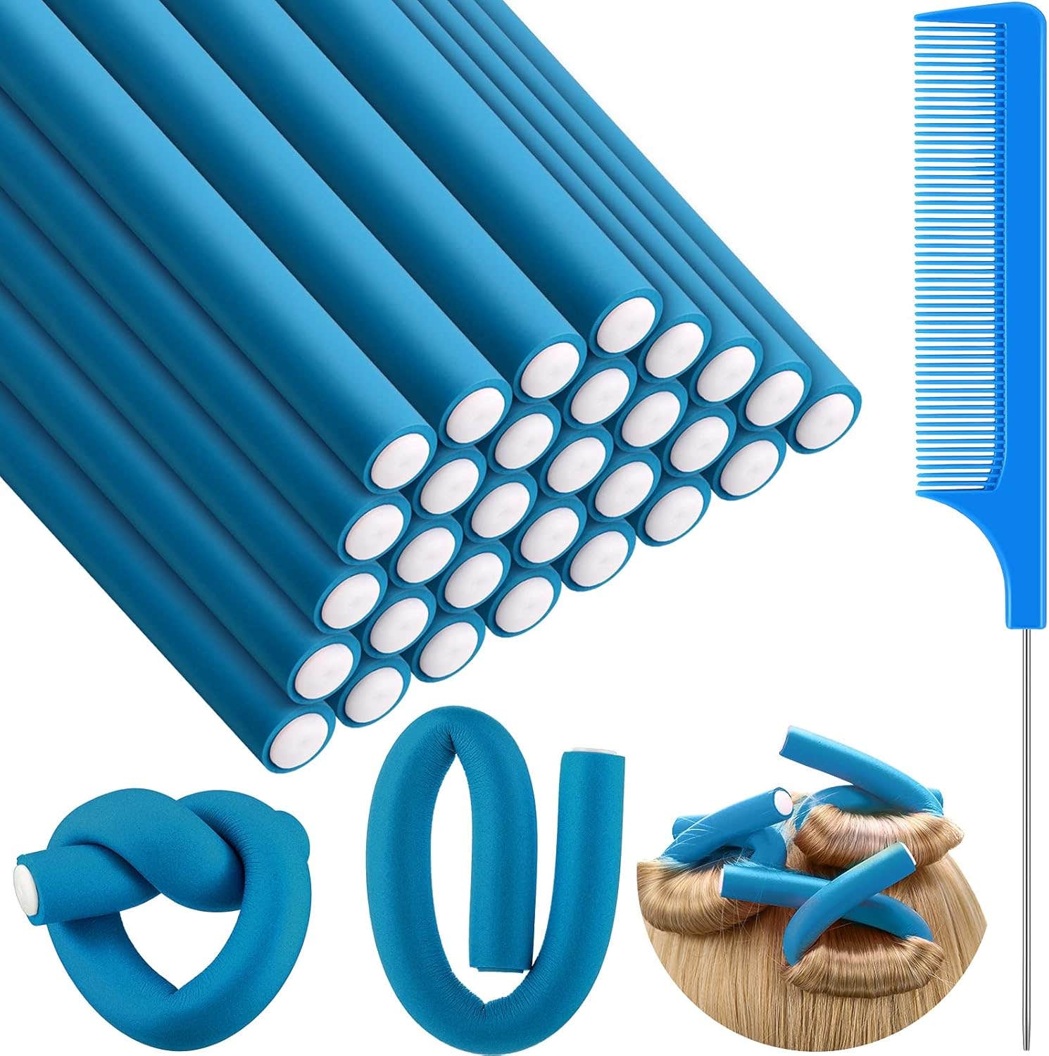 30 Pieces Flexible Curling Rods Twist Foam Hair Rollers Soft Foam No Heat Hair Rods Rollers and 1 Steel Pintail Comb Rat Tail Comb for Women Girls Long and Short Hair (7 x 0.7 Inch, Blue)