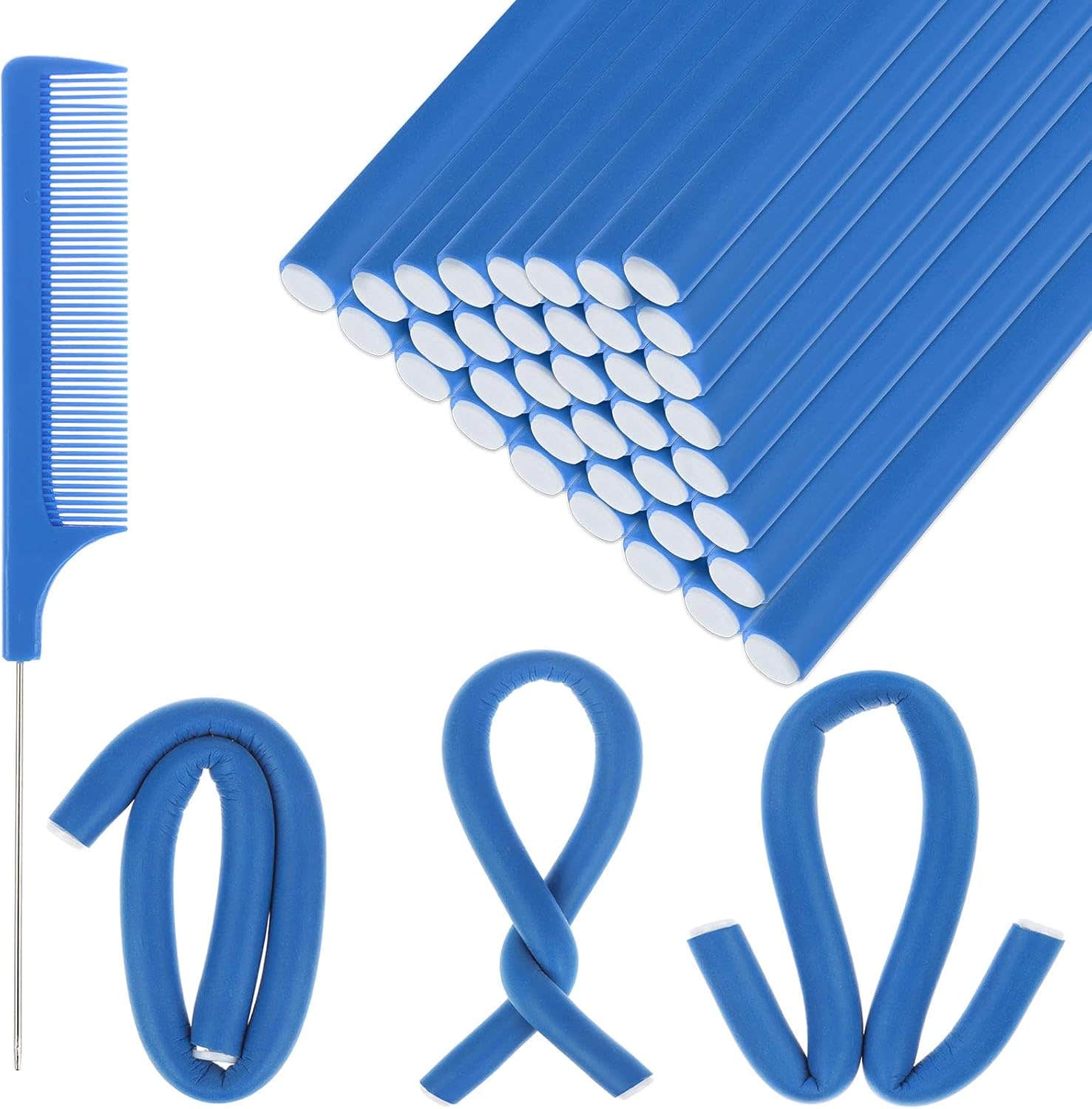40 Pieces Foam Hair Curler Flexible Curling Rods No Heat Curls Sleeping Soft Hair Styling Sponge with 1 Pointed Tail Comb for Short and Medium Hair (7, BLUE)