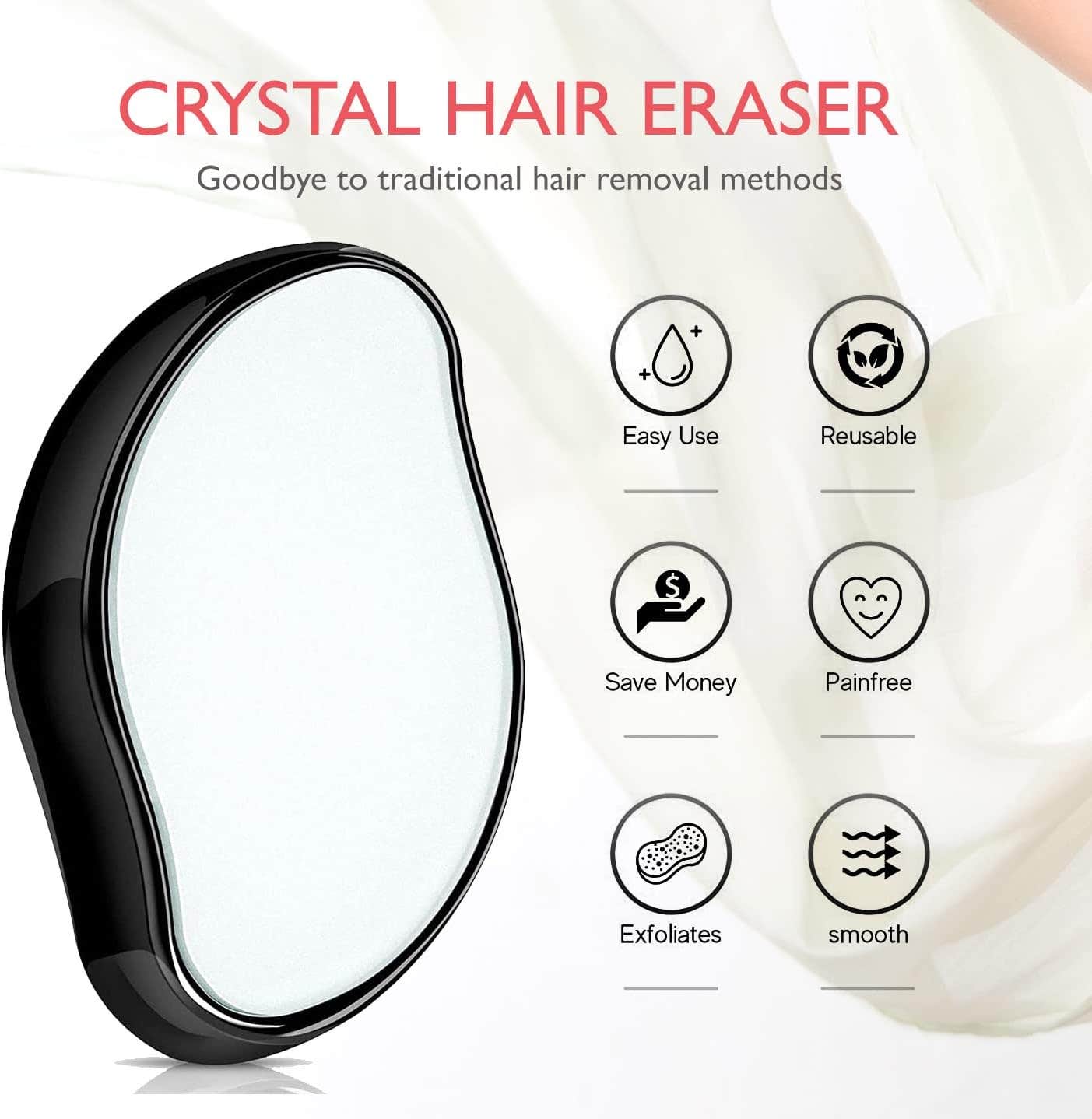 Crystal Hair Eraser for Women and Men, Magic Hair Eraser Crystal Hair Remover, Painless Exfoliation Hair Removal Tool for Arms Legs Back - Fast & Easy, Reusable & Washable, Portable Epilator,Black
