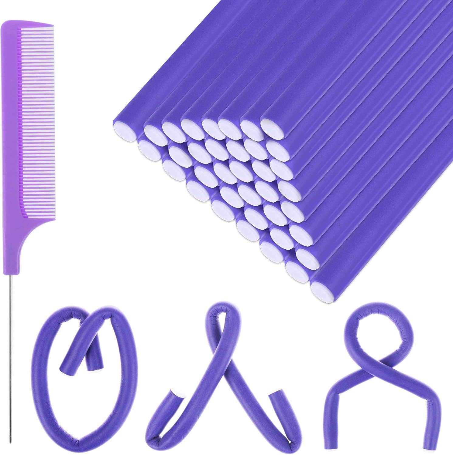 40 Pieces Curling Rods No Heat Hair Curlers for Long Hair,(9.4x0.4inch) Soft Foam Heatless Hair Rollers Rods with 1 Steel Pintail Comb for Women and Girls Homemade Curly Hair