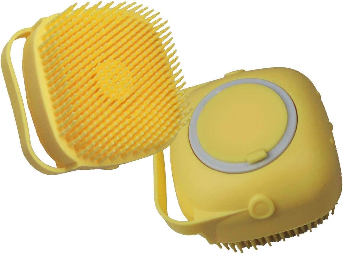 Massage Bath Brush,Silicone Soft Brush with Shampoo Dispenser,Baby Body Shower Brush,Pet Scrubber Grooming Brush (Yellow)