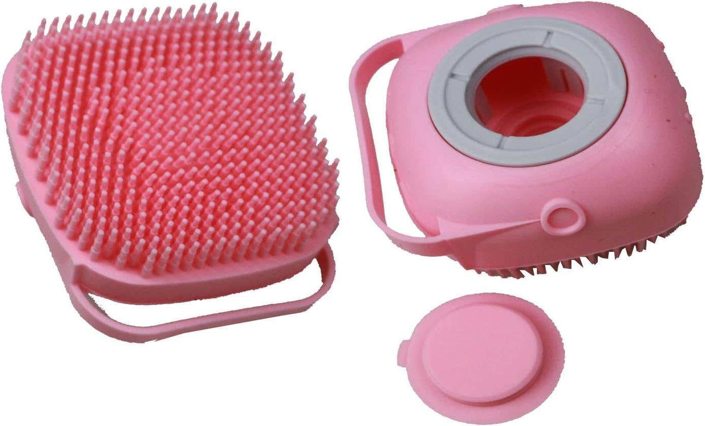Massage Bath Brush,Silicone Soft Brush with Shampoo Dispenser,Baby Body Shower Brush,Pet Scrubber Grooming Brush (Pink)