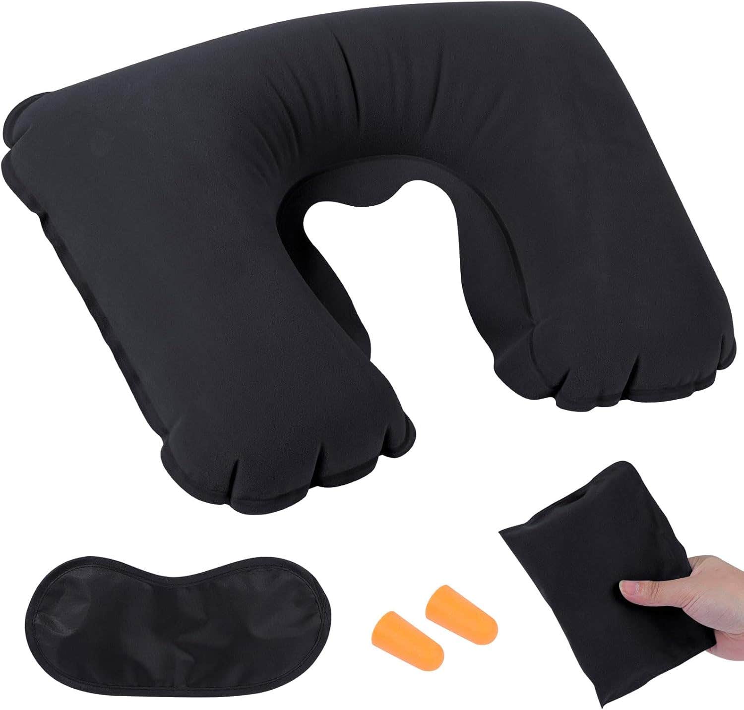 Risipu Inflatable Travel Pillow Set with Earplugs & Eye Mask - Black