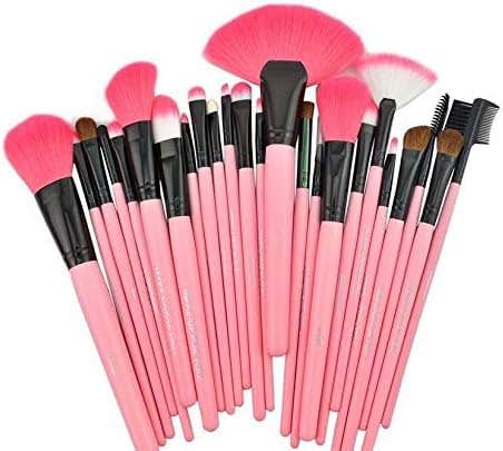 24 pcs Pink Cosmetic Facial Make up Brush Kit Makeup Brushes Tools Set Pink Leather Case
