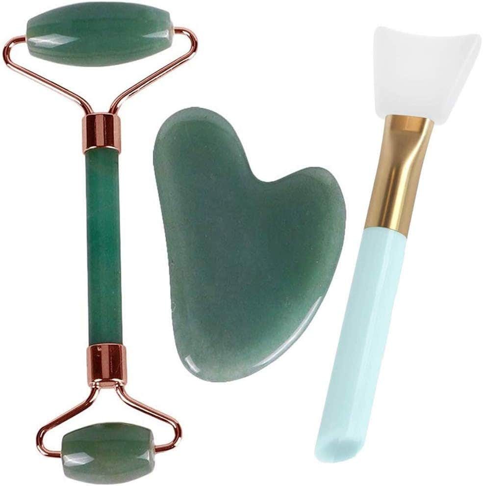 Jade Roller and Gua Sha Tools Set - Silicone Facial Brush Jade Roller Massager - 100% Real Natural Jade Roller for Face, Eye, Neck - Beauty Jade Facial Roller for Slimming & Firming (Green)