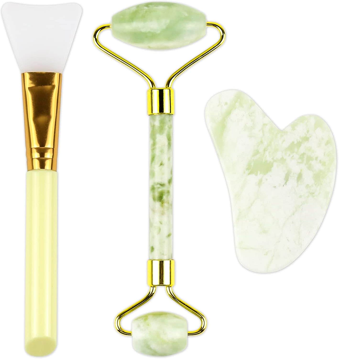 Jade Roller Gua Sha Set Natural Quartz Rodillo Facial For Skin Eye Face Care Massage - 3 In 1 Set