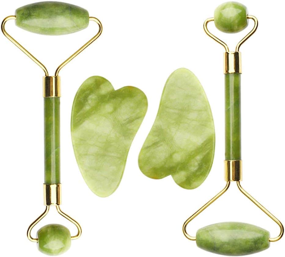 nuoshen 4 Pcs Jade Roller for Face and Gua Sha Set, Anti-Aging Face Roller with Gua Sha Stone Scrapping Tool Facial Ridged Roller Kits (Green)