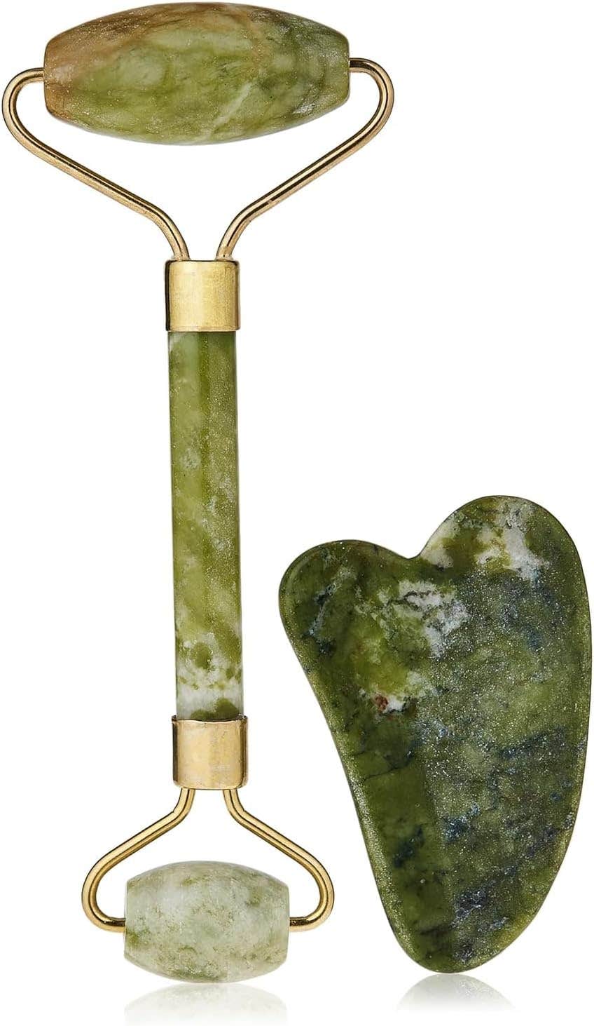 Healix Beauty Jade Roller for Face- Gua Sha massage tool Set, 100% All Natural Jade Roller Stone, Skincare Tool to Rejuvenate Facial Skin- Curbs Ageing and Eliminates Wrinkles
