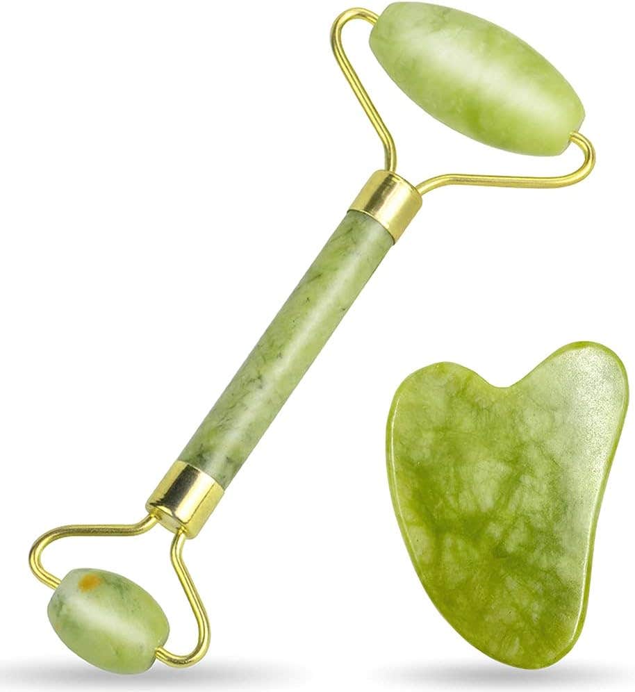 Gua Sha Facial Tools Set and Jade Roller for Face, Jade Roller, 100% Real Natural Stone Beauty Jade Facial Roller Massage Tool for Face Eyes Neck Body – Anti Aging Beauty Treatment