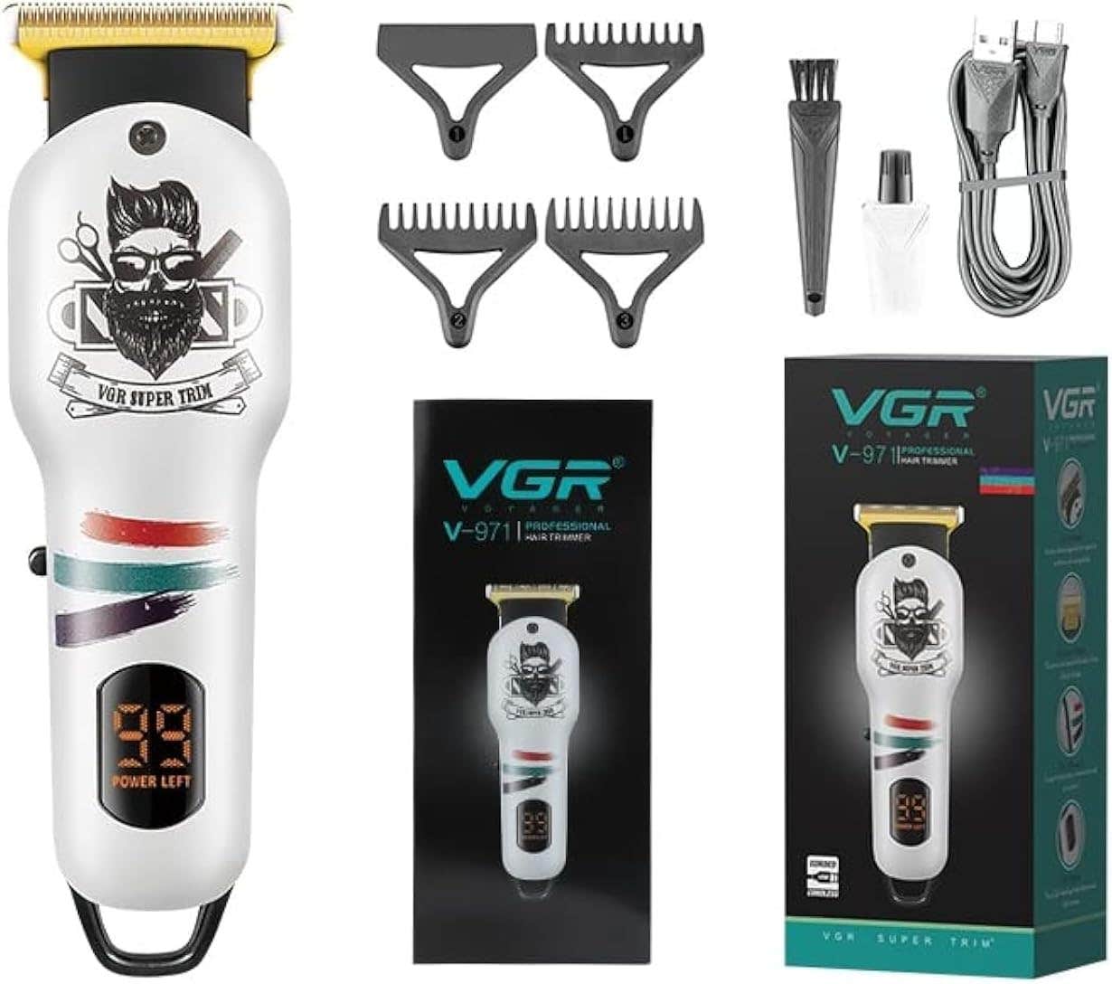 VGR V-971 Professional Hair Clipper Kit with Digital Display| Beard Hair Trimmer Kit | For Men, Rechargeable Li-ion Battery (White)