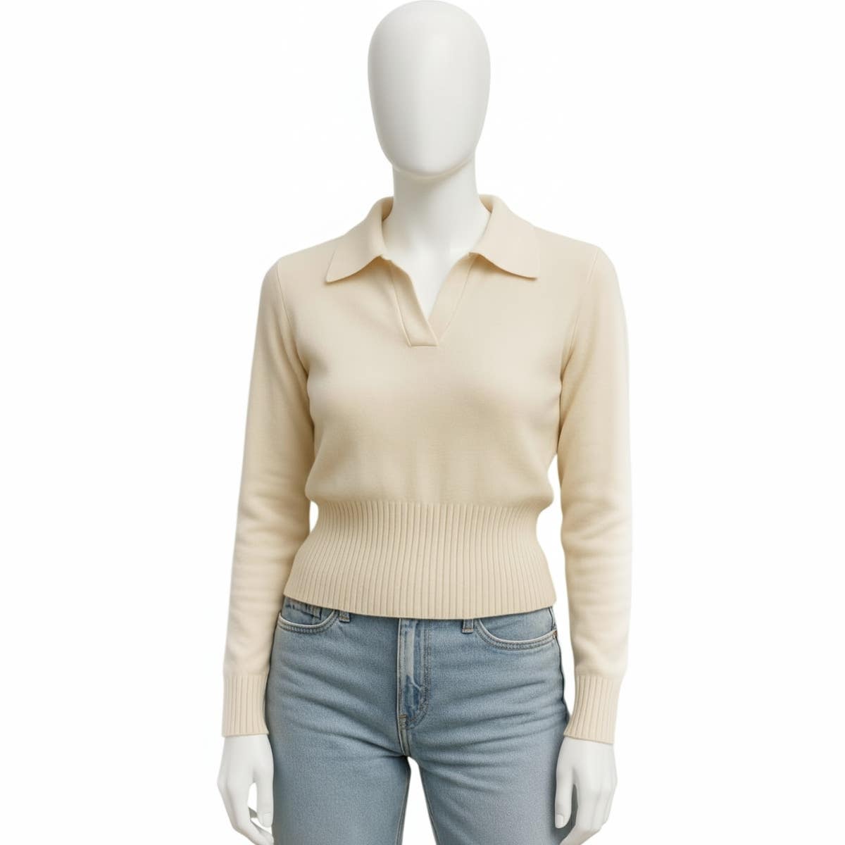 Cream V-Neck Polo Sweater, Ribbed Knit, Size M - Men's Long Sleeve Casual Fashion