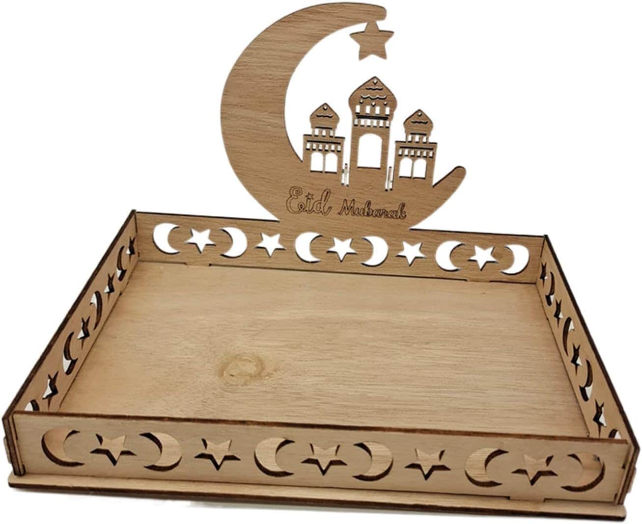 Ramadan Wooden Dessert Tray Eid Mubarak Moon Star Plate Ramadan Artistic Serving Dish Food Dinner Display for Islam Muslim Party