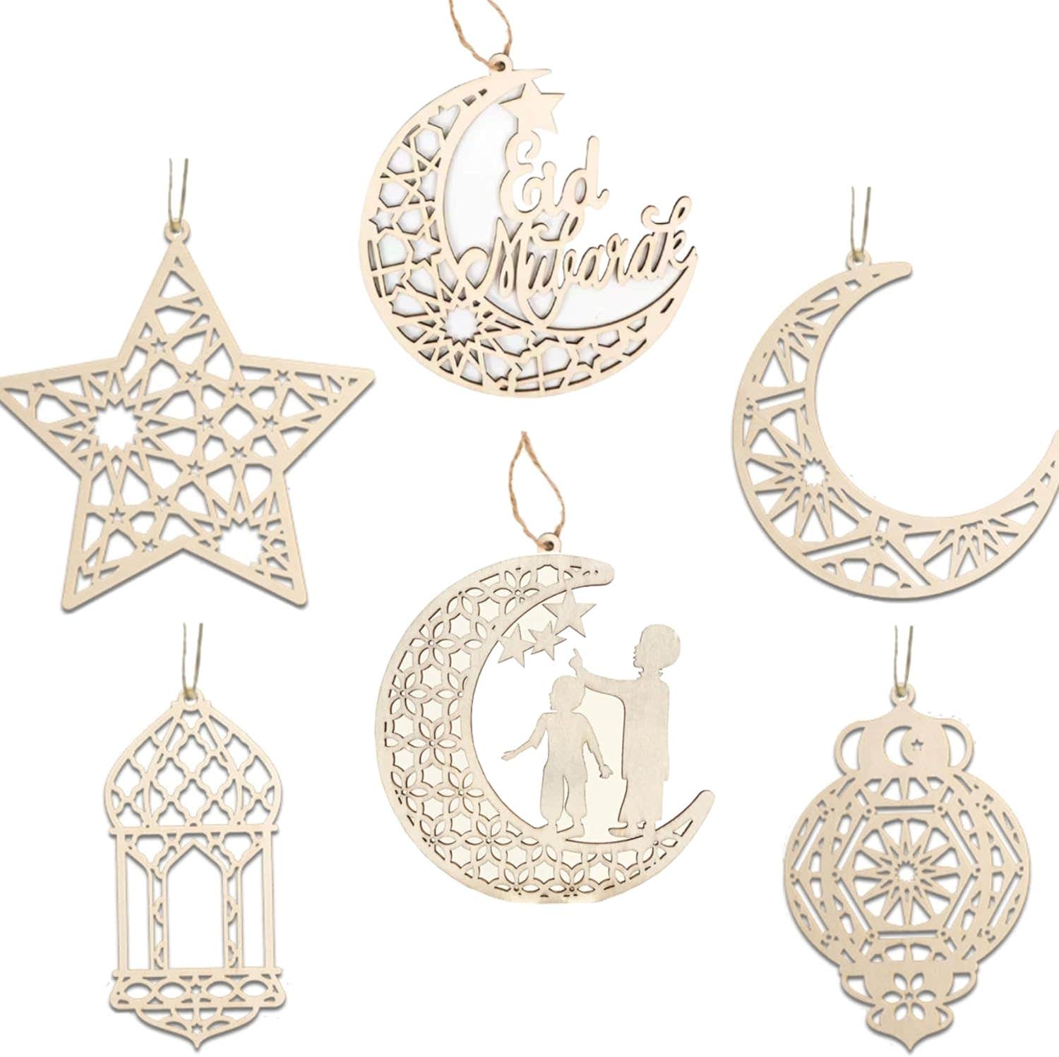NESLIN 6pcs Eid Ramadan Mubarak Wooden Pendant Ornament, Ramadan Kareem Decoration Moon Star Light Shape Hanging Pendant Ornament for Ramadan Mubarak Eid Wall Door Window Decor Party Supplies (Wood2)