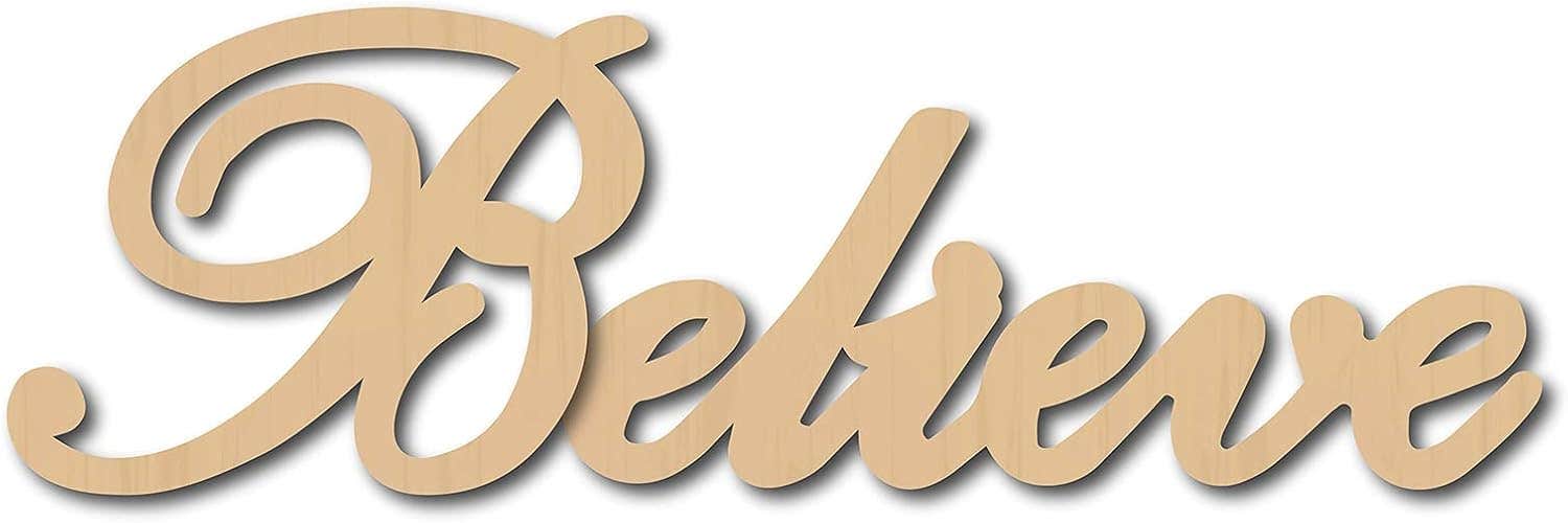 CREATCABIN Laser Cut Wood Sign Wall Art Believe Letter Sign Heart Decorative Wall Sculpture Hanging Decor Unfinished For Housewarming Door Wall Room Decoration 11.9 x 3.8inch