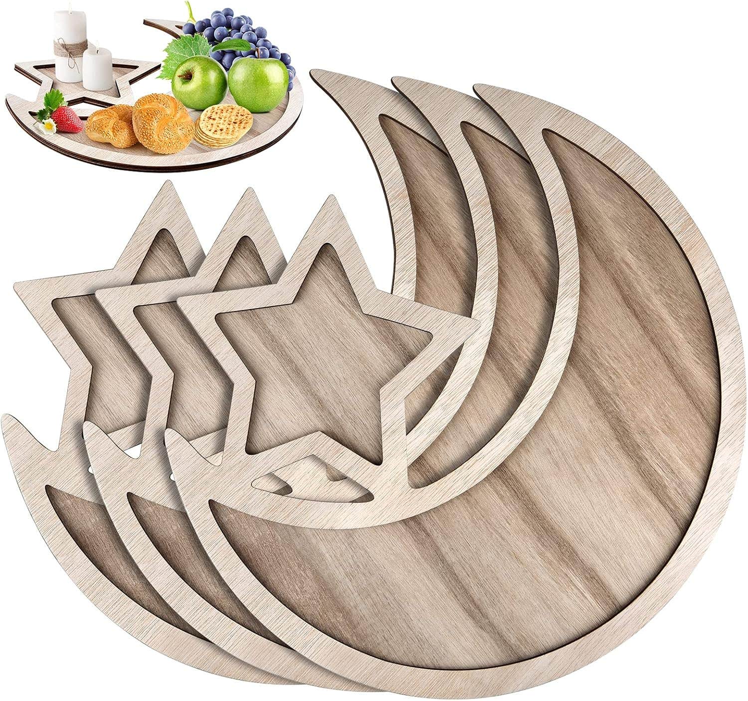 PLULON 3Pcs Ramadan Dessert Trays Eid Mubarak Wooden Moon Star Plates Ramadan Kareem Serving Trays Home Dessert Pastry Display Holder Tray Plates for Islam Muslim Party Decorations