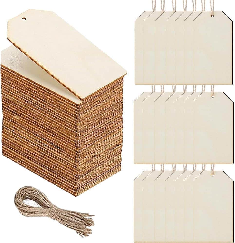 Healifty 50Pcs DIY Square Wooden Tags Hanging Wood Ornaments with 10M Linen Rope for Party Decor 40 x 80MM