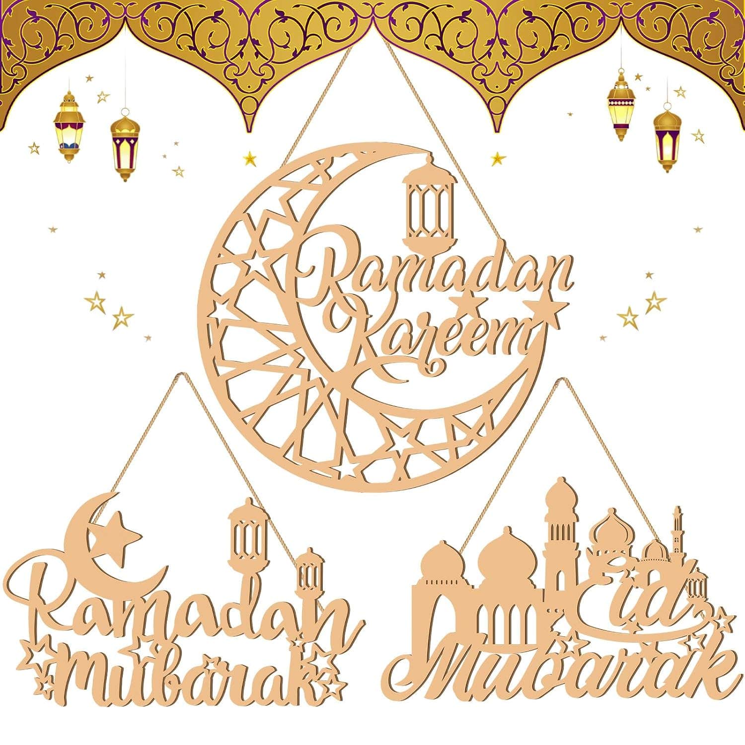 Ripeng 3 Pcs Eid Mubarak Decoration Wooden Ramadan Kareem Door Sign Round Eid Al Fitr Ramadan Hollow Wood Door Hanging Sign Islam Mubarak Wood Wall Pendant for Muslim Home Room Party Supplies, Moon