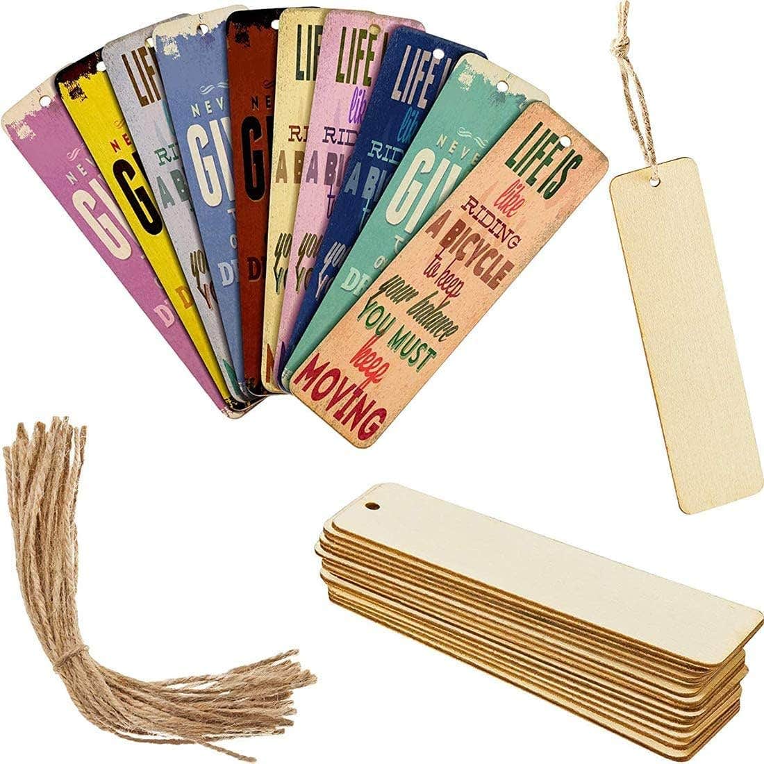 Wooden Bookmarks Handmade Blank Unfinished Hanging Tags Rectangle Blank Bookmarks with Holes and Ropes for Birthday Party Decor (30)