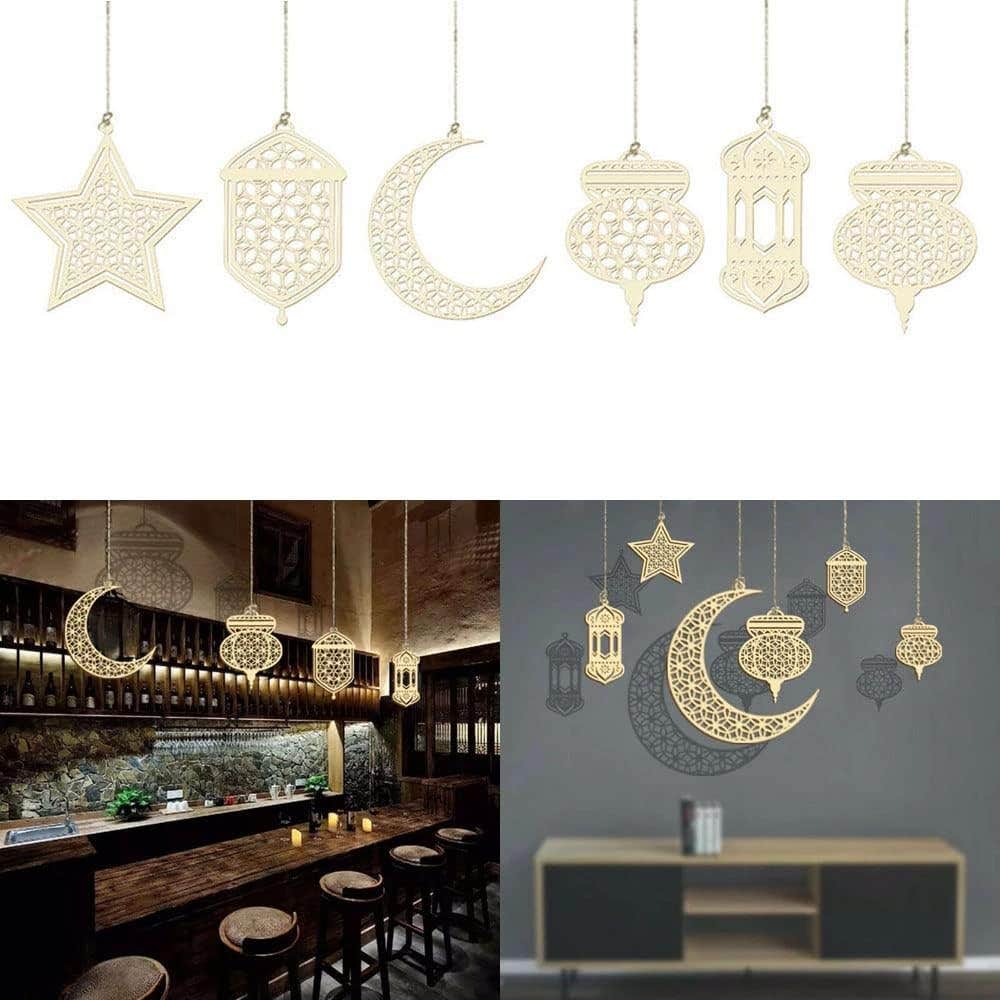 Lukione (6PCS) Islam Eid Ramadan Mubarak Decorations Hanging Wooden Lantern Baubles Pendant Muslim Islam Plaque Sign Ornament for Home Happy Ramadan Mubarak DIY Wall Decor Supplies