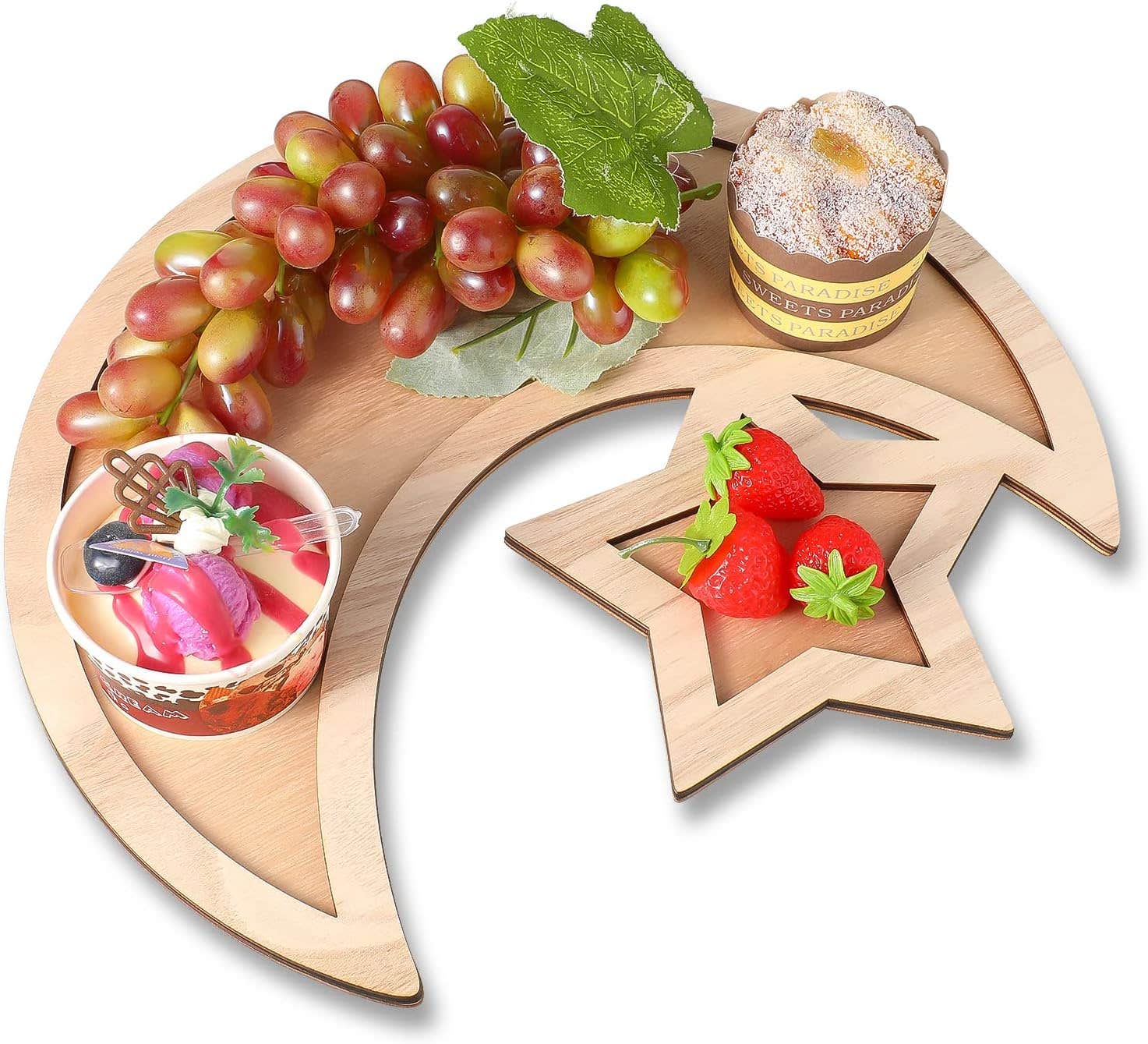 EID Tray Display Decoration Star Moon Wooden Dessert Tray Tableware EID Decorations Food Serving EID Tableware Eid Mubarak Ramadan Trays Platters for Home Party Food Dessert Holder Decor (1 Piece)