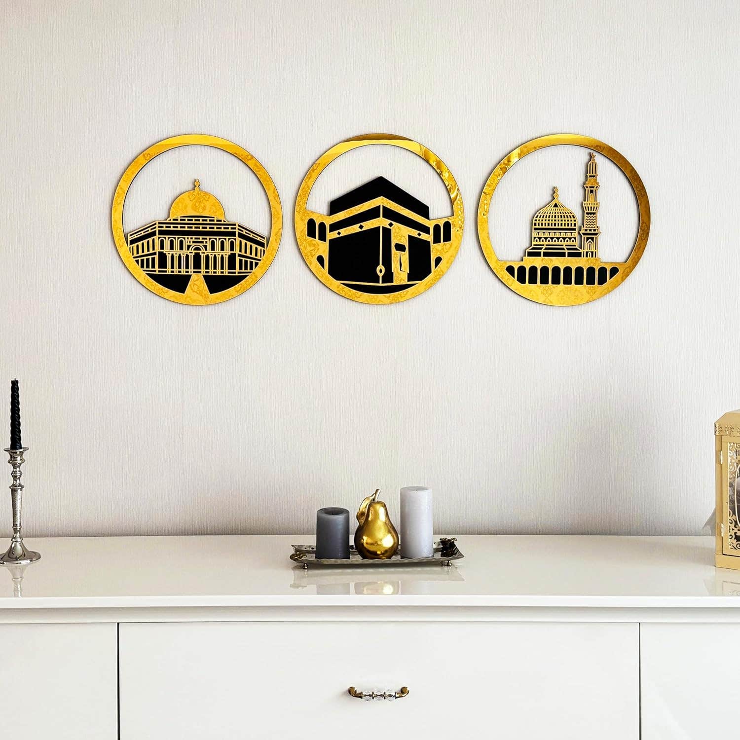 iwa concept Set of Masjid Al Aqsa, Masjid Al-Haram & Masjid An-Nabawi Islamic Wall Art | Wooden Acrylic Kaaba Wall Decor | Ramadan Decoration | Muslim Gift | (Medium, Gold)