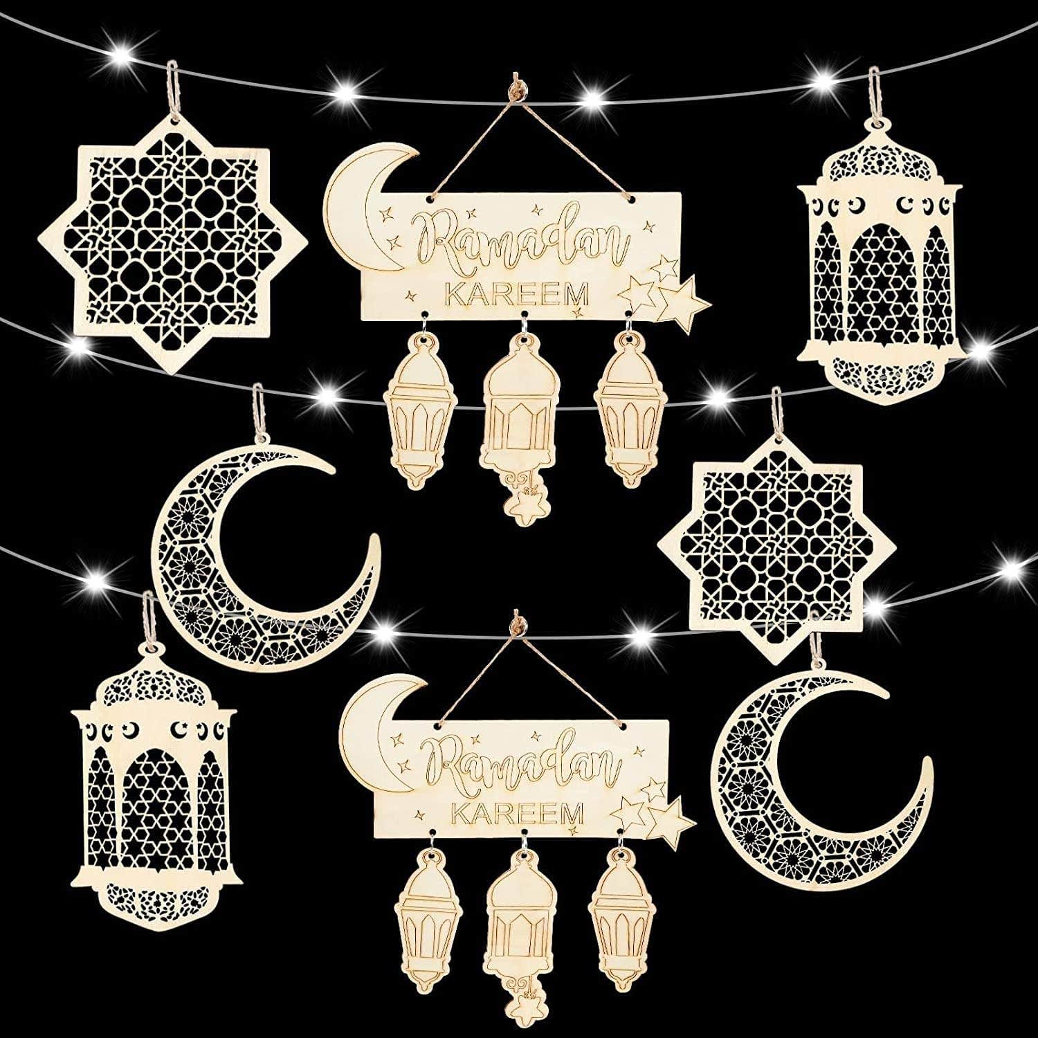 8 Pcs Eid Decorations Ramadan Wooden Pendant Ornament Eid al-Adha Decor Eid Crafts Wall Decor Ramadan Tree Hanging Ornament Decoration Happy Eid Hanging Sign for Eid Party Decorations