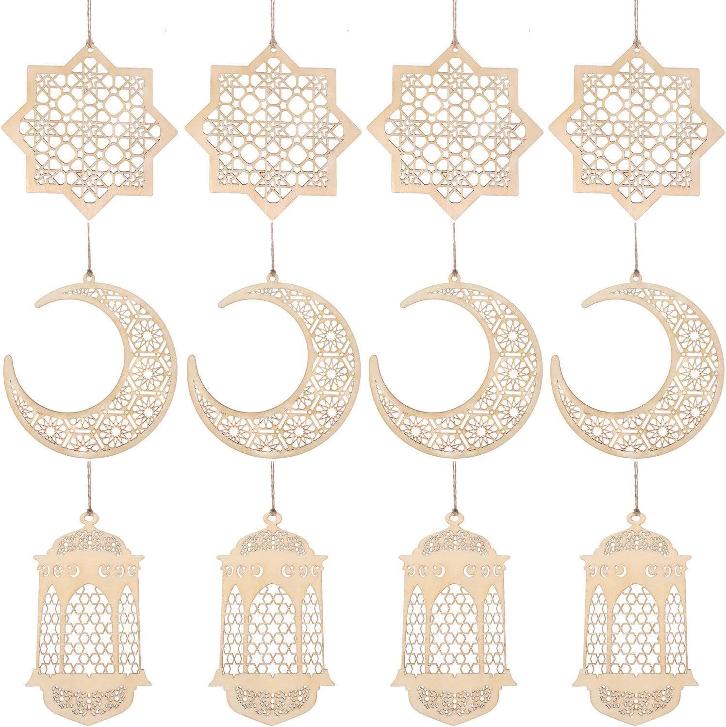 WILLBOND 12-Piece Eid Mubarak Ornament Set - Hollow Wooden Pendant Ramadan Lantern Star Shape for Muslim Islam Festive Home Decoration