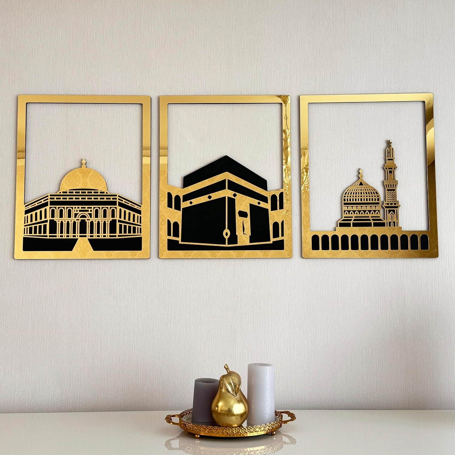 iwa concept Masjid Al Aqsa, Masjid Al-Haram & Masjid An-Nabawi Islamic Wall Art | Wooden Acrylic Kaaba Wall Decor | Ramadan Decoration | Muslim Gift | (Large, Gold | All Three)