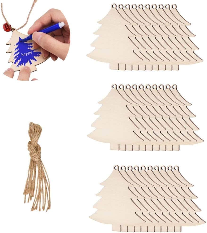 TOKERD 30 Pcs Wooden Christmas Tree Shape Ornaments, Craft Wooden Bauble Embellishments with Hole and String, DIY Crafts for Adults