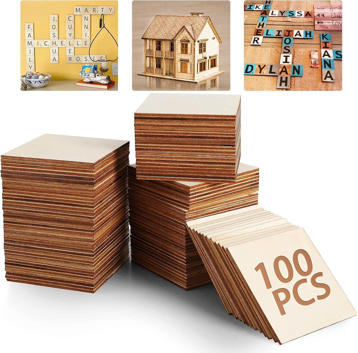 Unfinished Wood Board - 100Pcs 3 x 3in Blank Natural Slices Wood Square for DIY Crafts Painting, Scrabble Tiles, Coasters, Pyrography, Decorations