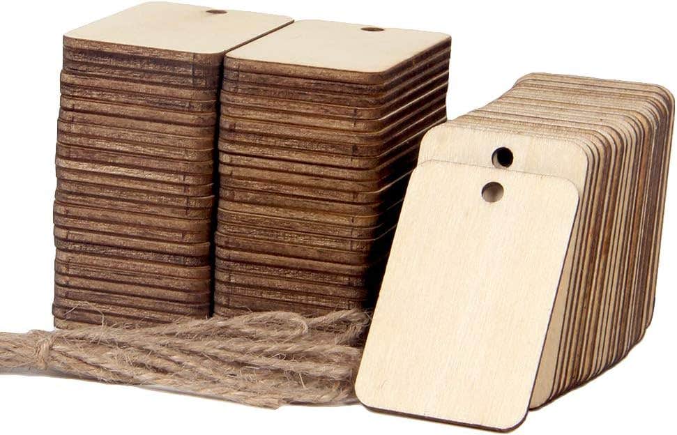 100 PCS 2” x 1.3” Inches Unfinished Wood Squares Unfinished Wood Pieces Rectangle-Shaped, Light Wooden Cutout Natural Rustic with Hole and 2M Hemp Rope for Painting, Writing, DIY Supplies